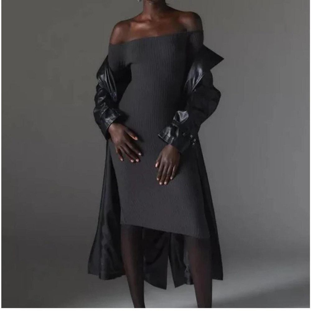 Silence + Noise Off the Shoulder Black Knit Midi Dress Large NWT